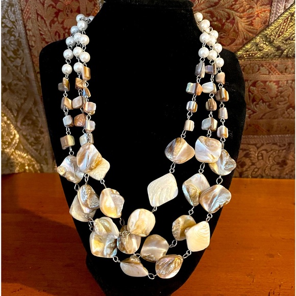 Source Unknown Jewelry - Beautiful Vintage Faux Pearl & Nuetral Color Beaded 3 Strand Necklace~ Pre-loved